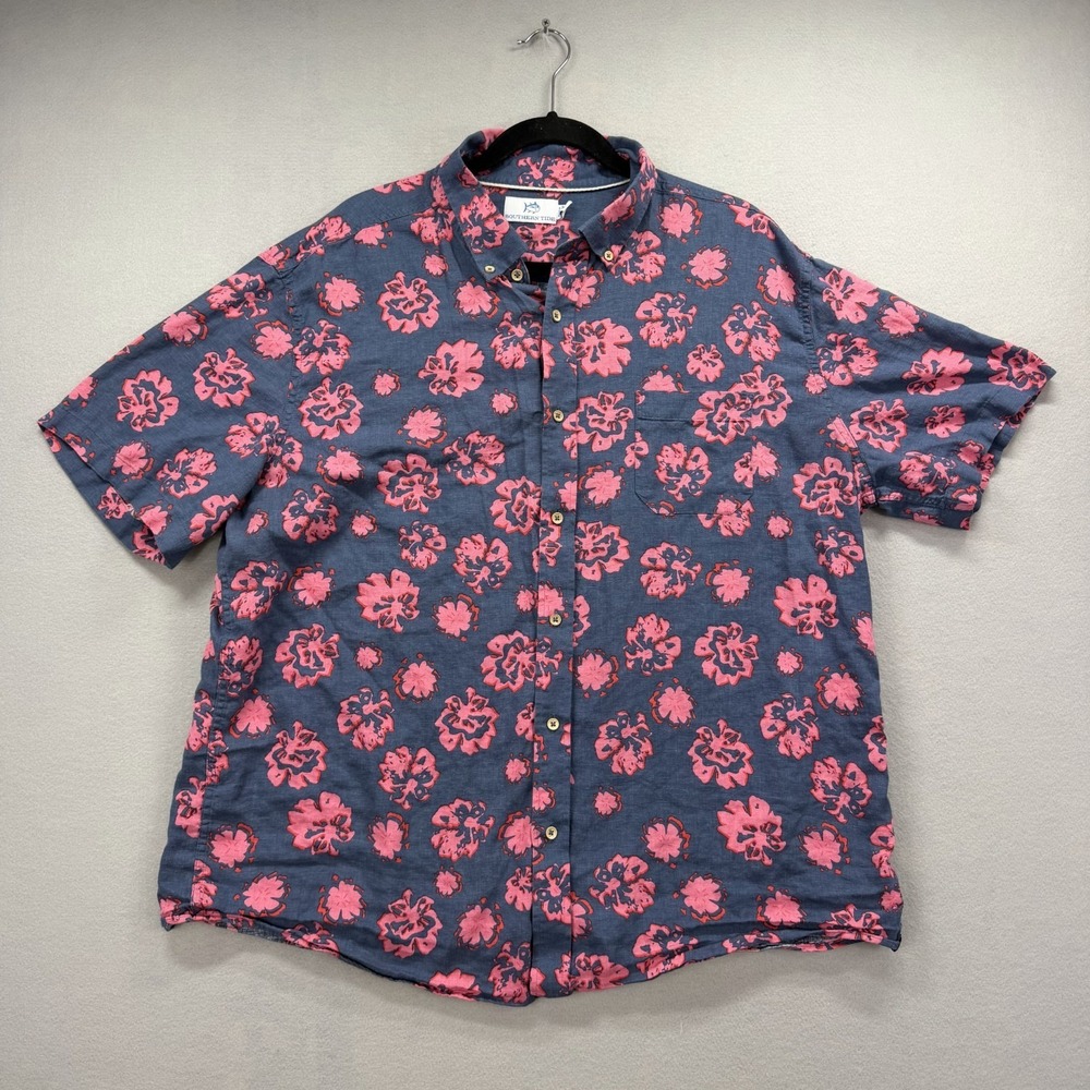 Southern Tide Shirt Men 2XL Blue Pink Floral Linen Tropical Streetwear Hawaiian